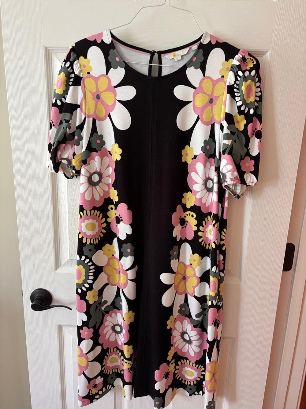 Boden Black Floral Shift Dress with Pink, Yellow & Green Accents